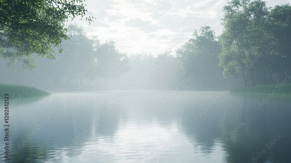 Misty morning scene of a tranquil lake surrounded by lush green trees and fog. Misty morning scene of a tranquil lake surrounded by lush green trees and fog.