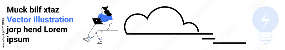 Person using laptop, abstract cloud, light bulb. Ideal for technology, cloud computing, innovation, remote work, brainstorming, creativity, educational content. Landing page Person using laptop, abstract cloud, light bulb. Ideal for technology, cloud computing, innovation, remote work, brainstorming, creativity, educational content. Landing page