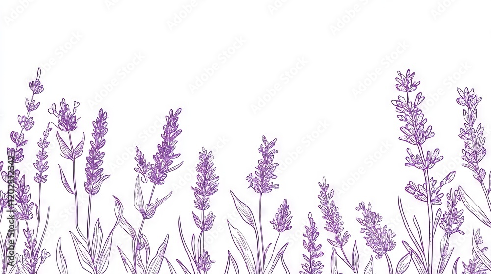 Naklejka premium 55.Lavender Line Art. Botanical Background trendy minimalist lavender. Hand drawn floral border background template. Floral Line Art Illustration. Lavender Border Outline. Luxury Line Floral Art