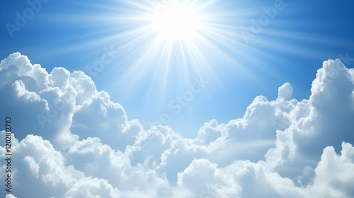 Sunny sky, fluffy clouds, bright sunlight, overhead view, nature background, ideal for travel brochures