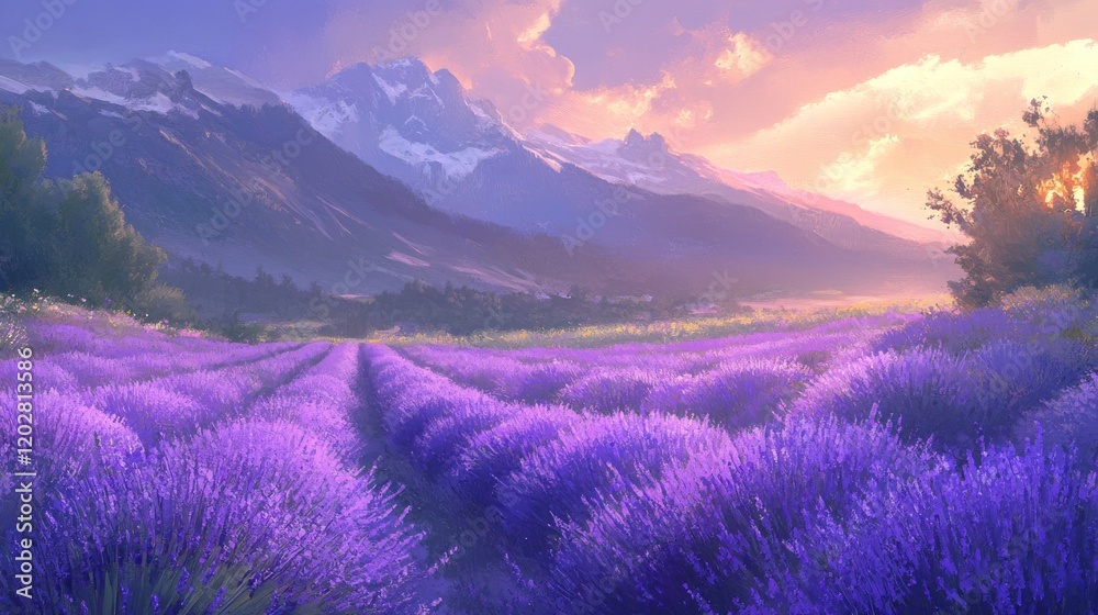 94.A serene depiction of lavender fields in Provence, where the vibrant violet hues of the flowers blend harmoniously with the surrounding mountain scenery and a soft, glowing horizon. 94.A serene depiction of lavender fields in Provence, where the vibrant violet hues of the flowers blend harmoniously with the surrounding mountain scenery and a soft, glowing horizon.