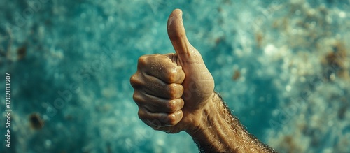 Thumbs Up! A Positive Gesture Against a Teal Background photo