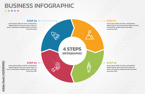 Visual data presentation. Cycle diagram with 4 options. Pie Chart Circle infographic template with 4 steps, options, parts, segments. Business concept. Marketing infographic vector illustration.