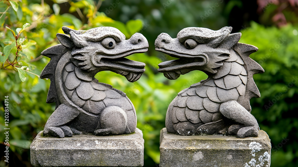 Two stone dragon statues facing each other in a lush garden; ideal for Asian culture, mythology, or serenity themes Two stone dragon statues facing each other in a lush garden; ideal for Asian culture, mythology, or serenity themes
