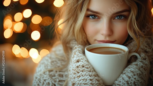 A cozy scene featuring a woman holding a warm cup of coffee, surrounded by soft, glowing lights.