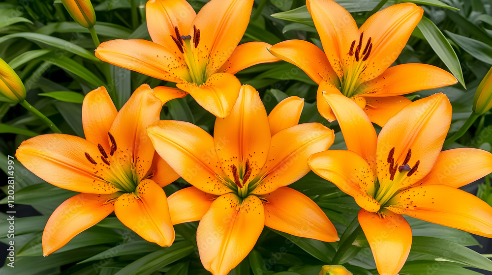 Vibrant orange lilies blooming in a lush garden, perfect for floral arrangements or greeting cards Vibrant orange lilies blooming in a lush garden, perfect for floral arrangements or greeting cards