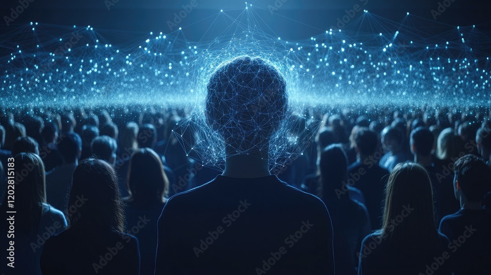 Obraz premium A crowd facing a digital network, symbolizing connection and technology's impact on society.