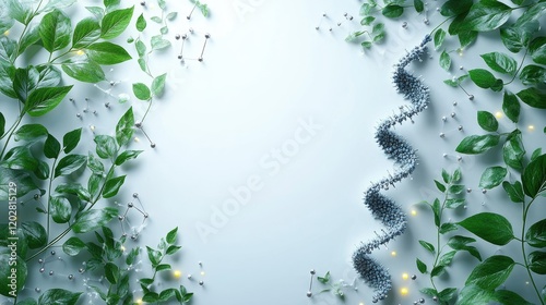 A creative composition featuring green leaves and a DNA strand, symbolizing nature and science.