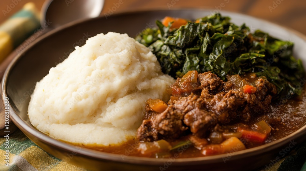 Traditional Kenyan ugali with sukuma wiki and meat stew. Featuring a hearty and flavorful dish. Highlighting the texture and flavors of the ugali. Ideal for food and cultural themes. Traditional Kenyan ugali with sukuma wiki and meat stew. Featuring a hearty and flavorful dish. Highlighting the texture and flavors of the ugali. Ideal for food and cultural themes.