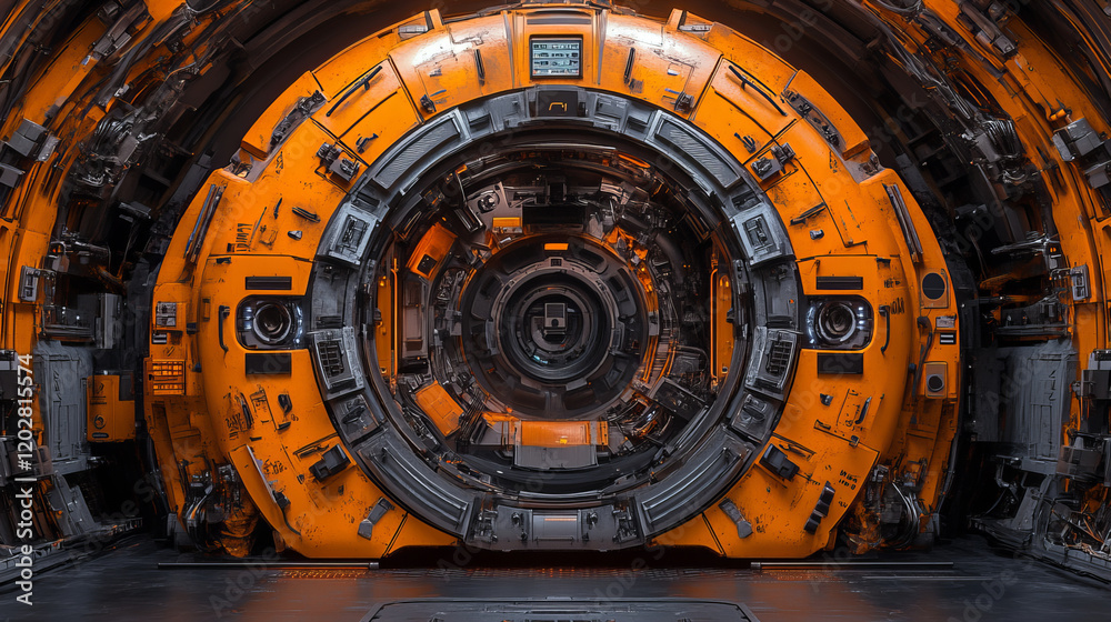 Fototapeta premium futuristic space station interior featuring circular, orange hued design with intricate machinery and technology. scene evokes sense of advanced engineering and exploration
