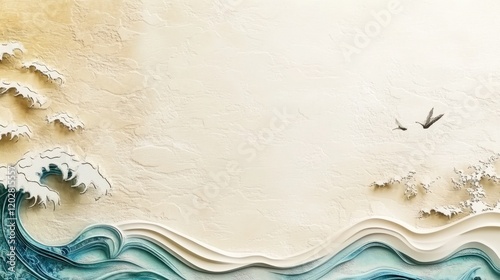 Serene Papercut Waves: A Coastal Art Print with Minimalist Design