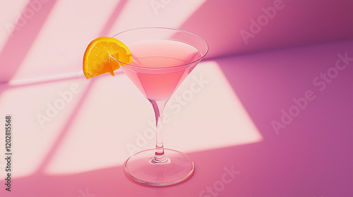 A cosmopolitan cocktail with a bright pink hue, garnished with a citrus twist, in a sleek martini glass