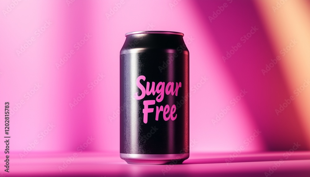 Black can drink sugar free container flavor package for product brand pink background