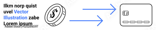 Coin with dollar sign transforming into a credit card via arrows. Ideal for finance, digital payments, cashless transactions, financial technology, online banking, e-commerce, digital transformation