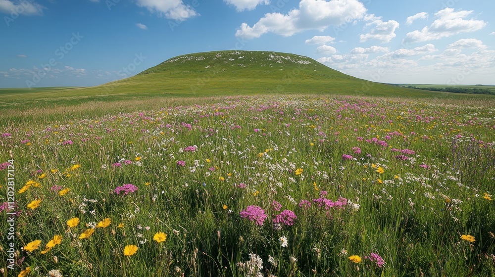Fototapeta premium Vibrant Wildflower Meadow with Rolling Hills and Clear Blue Sky