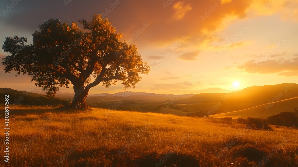 Fototapeta premium Lone Tree Sunset Golden Meadow Landscape