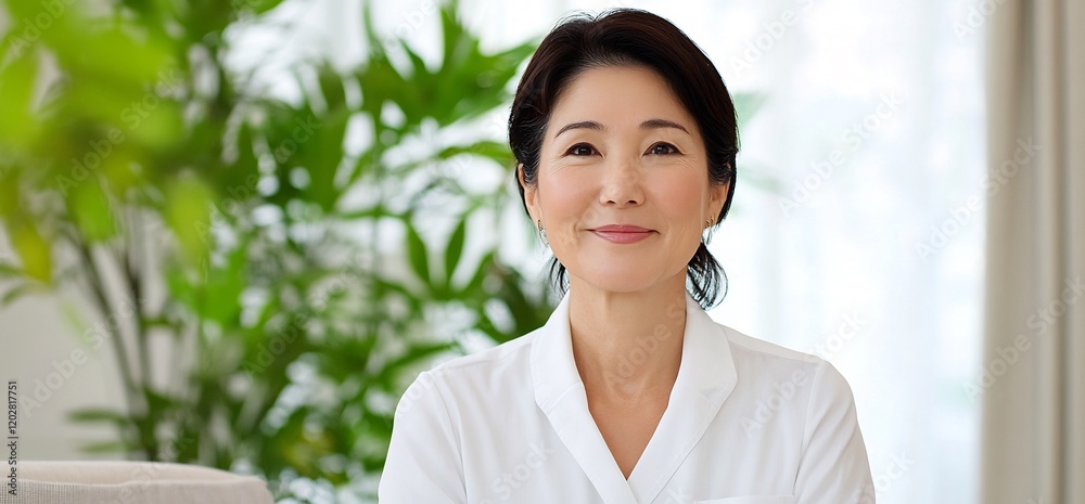 Smiling mature woman at home, plants in background, for wellness ads Smiling mature woman at home, plants in background, for wellness ads