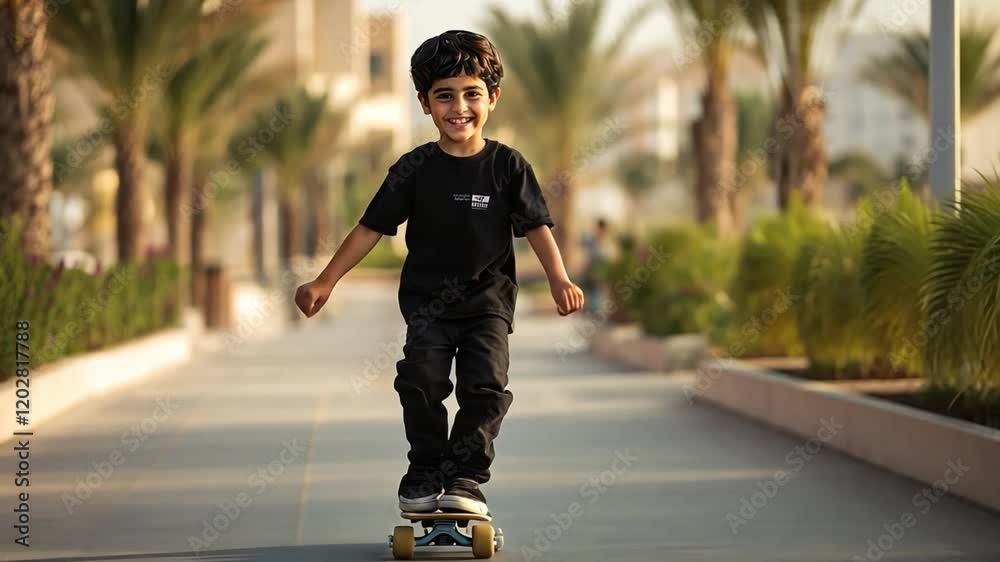 A young boy is riding a skateboard down a sidewalk
