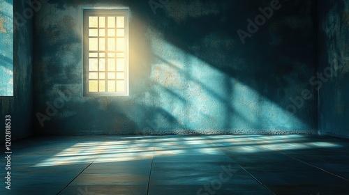 A dimly lit room with shadows and a barred window, evoking a sense of isolation and introspection.