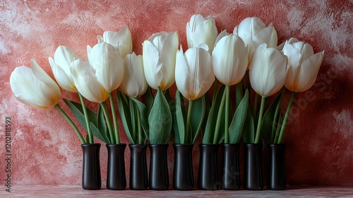 A display of elegant white tulips in black vases against a textured pink background.