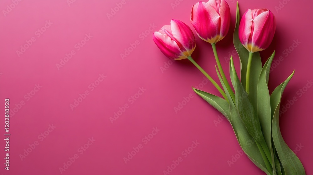 Three Pink Tulips on a Pink Background - Spring Flowers, Floral Design, Copy Space Three Pink Tulips on a Pink Background - Spring Flowers, Floral Design, Copy Space