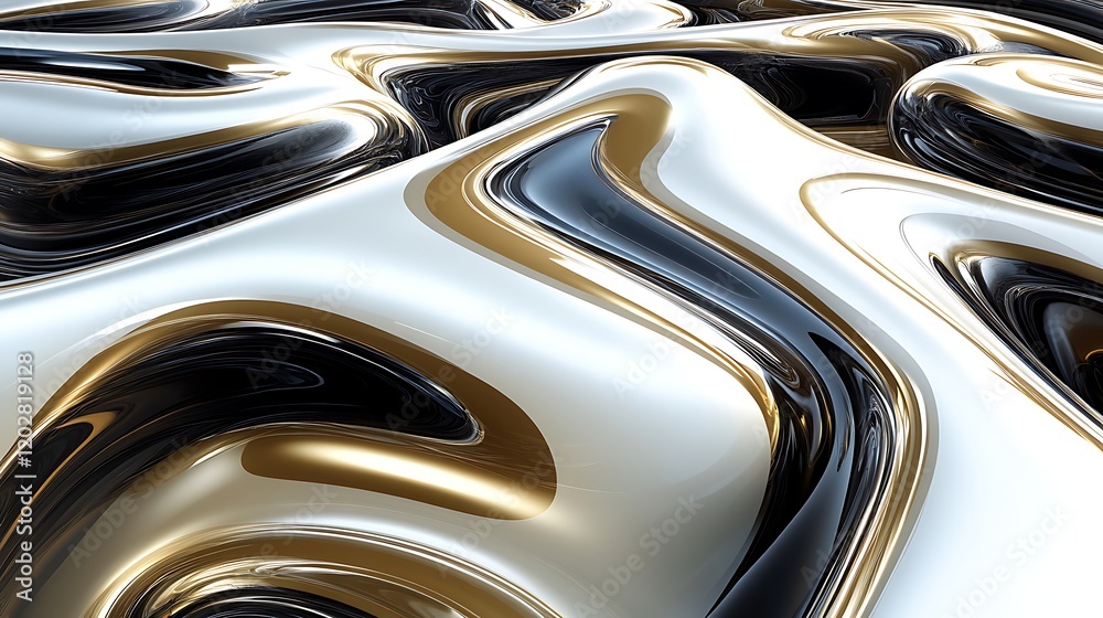 Abstract swirling metallic forms in black gold and white Abstract swirling metallic forms in black gold and white