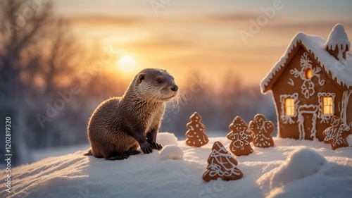 An otter sits near a gingerbread house in a snowy landscape at sunset. photo