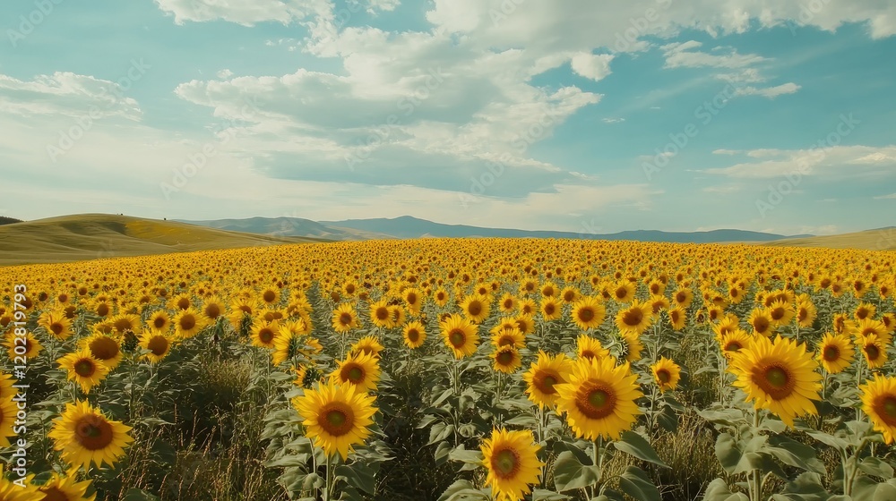 Obraz premium A vast sunflower field dotted with bright yellow blooms, with a cloudy blue sky creating a serene atmosphere.