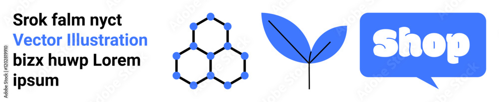 Contains placeholder text, a molecular structure, a leaf, and a speech bubble with the word Shop. Ideal for e-commerce, science, nature conservation, digital communication, branding. Banner Contains placeholder text, a molecular structure, a leaf, and a speech bubble with the word Shop. Ideal for e-commerce, science, nature conservation, digital communication, branding. Banner