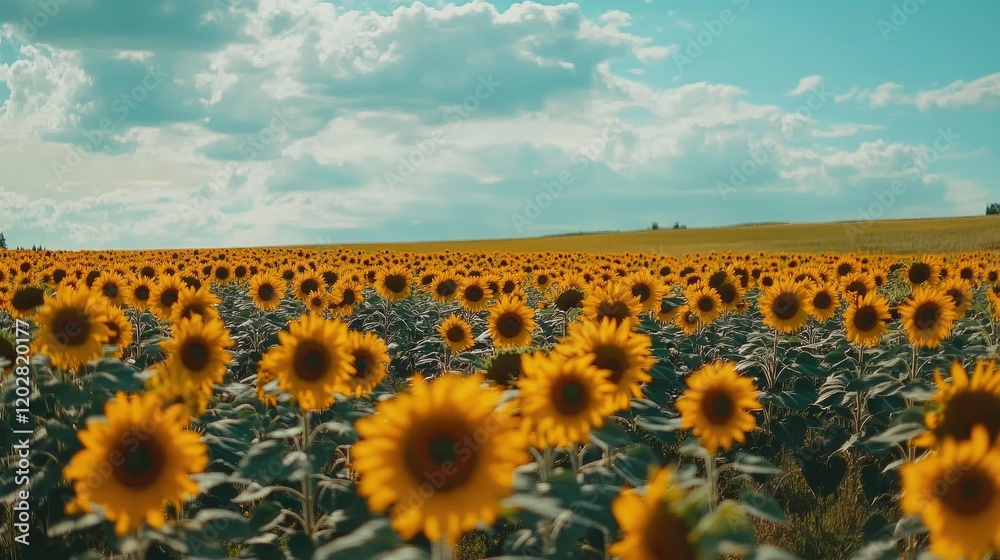 Obraz premium A vast sunflower field stretching into the distance, with vibrant yellow blooms under a cloudy blue sky.