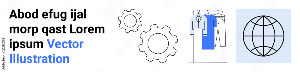 Two interlocking gears, clothing hanging on a rack with shirt highlighted in blue, and a globe. Ideal for app development, technology services, fashion industry, global business, innovation Two interlocking gears, clothing hanging on a rack with shirt highlighted in blue, and a globe. Ideal for app development, technology services, fashion industry, global business, innovation