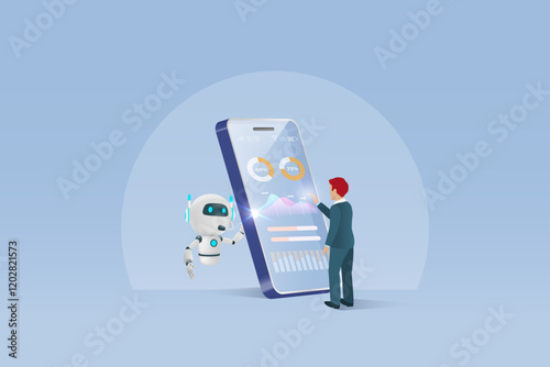 Businessman with AI artificial intelligence robot on smart phone for analyzing business graph chart.  AI technology as smart digital assistant for business analysis to develop smart solution. Vector.