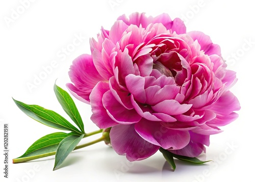 A vibrant pink peony, freshly cut, blooms brilliantly against a stark white backdrop, showcasing its spring beauty.