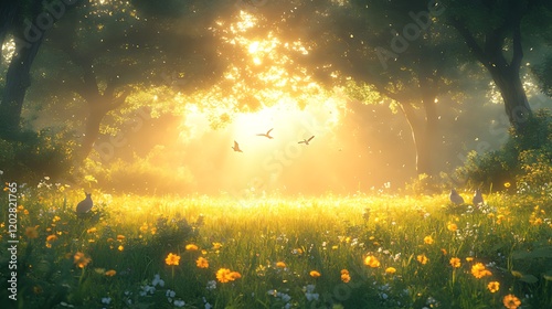 Sunlit meadow sunrise, birds flying, misty forest, idyllic scene
