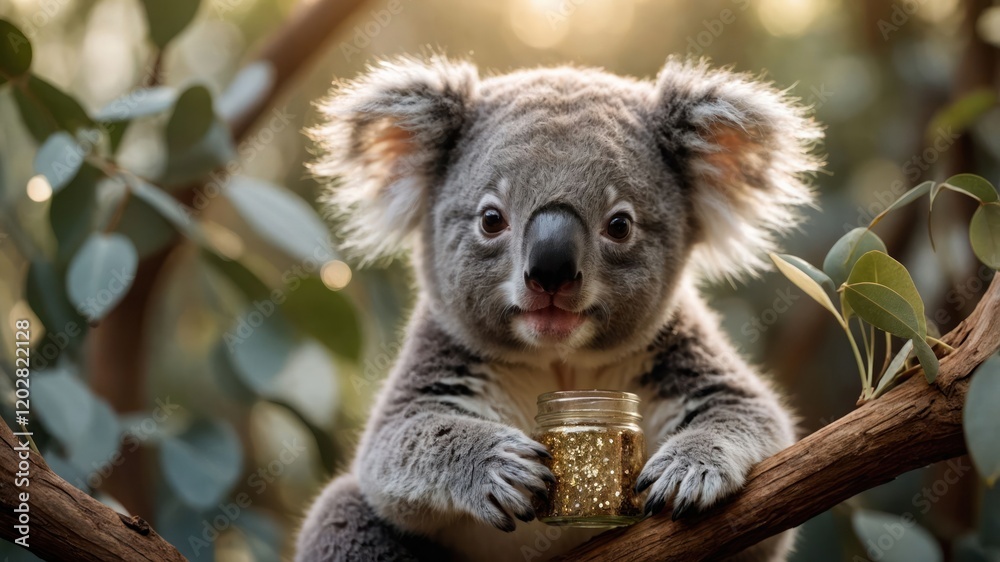 Fototapeta premium A koala holds a jar, perched on a branch amidst lush greenery.