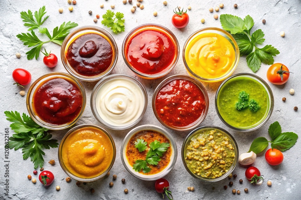 Assorted Sauces on White Background - Gourmet Dips Assorted Sauces on White Background - Gourmet Dips