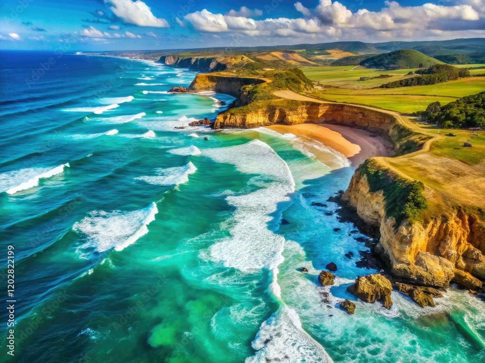 Obraz premium Breathtaking drone footage: turquoise ocean clashes with dramatic cliffs and pristine beaches.