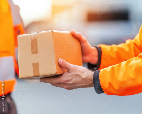 worker in orange jacket hands package to customer, showcasing friendly delivery service. scene captures essence of customer satisfaction and efficient service photo