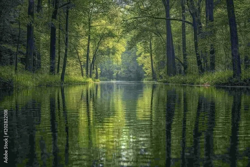 Serene canal, mirrored trees, tranquil forest.