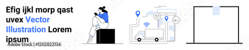 Businesswoman working on a laptop, logistics map with location markers, delivery trucks, and warehouse storage. Ideal for logistics, e-commerce, supply chain management, business operations