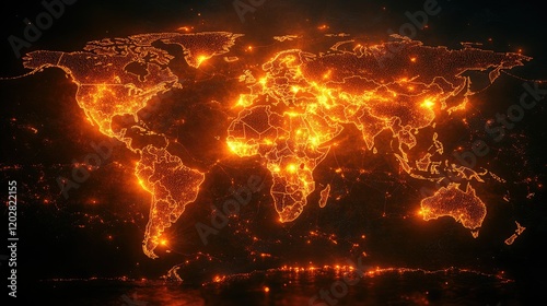 A fiery representation of the world map, illustrating connectivity and energy.