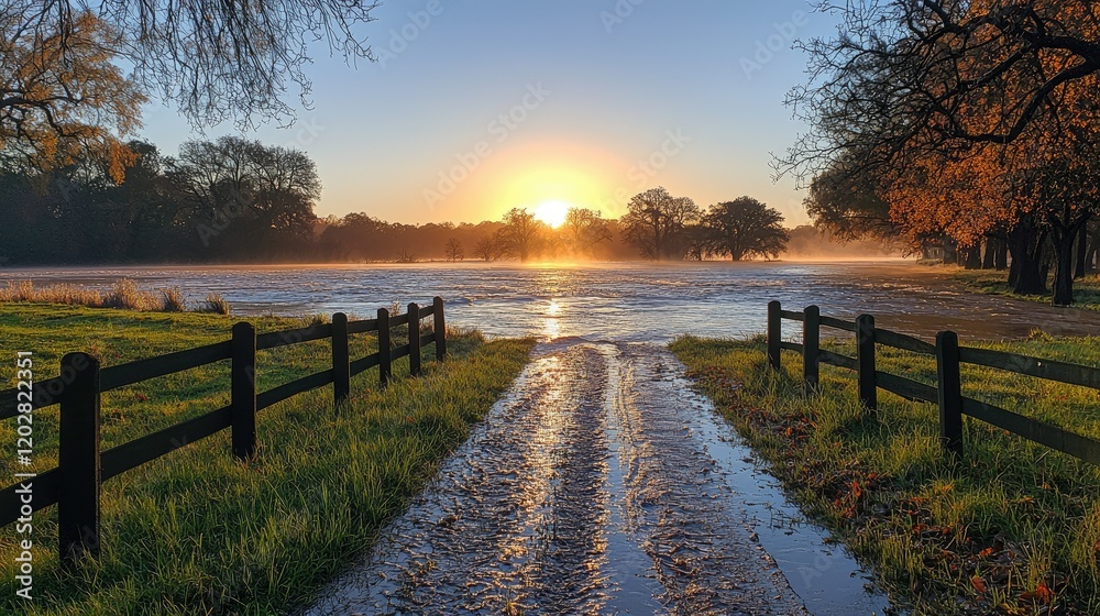 Flooded Country Road at Sunrise Golden Hour