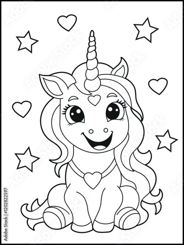 Illustration of a cute baby unicorn cartoon character. Black and white Printable Unicorn coloring page for kids.