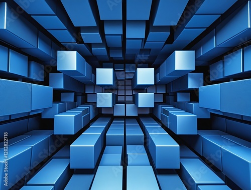 Blue and Turquoise 3D Blocks Background with Modern Tech Design, Aligned Multisized Blocks in Futuristic Geometric Pattern, Sci-Fi Themed Digital Art, Minimalist Illustration

