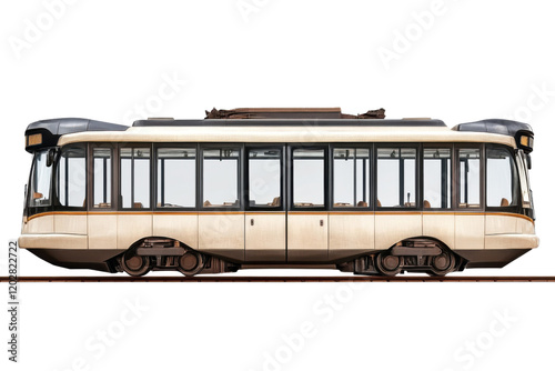 beige modern tram on rails isolated on white background photo