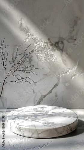 a white marble table with a vase on it