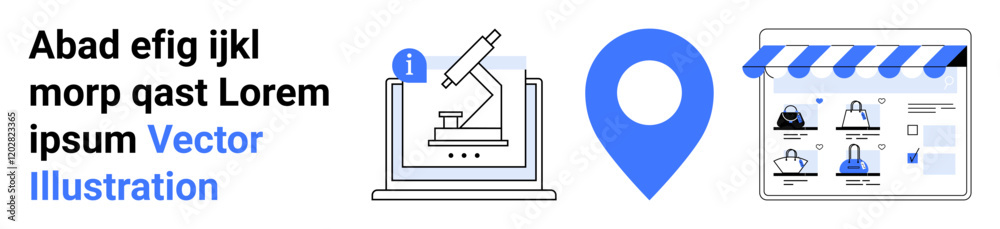 Microscope on laptop screen, blue location pin, storefront interface with user profiles. Ideal for business analysis, online location services, e-commerce, scientific research, user data, digital Microscope on laptop screen, blue location pin, storefront interface with user profiles. Ideal for business analysis, online location services, e-commerce, scientific research, user data, digital