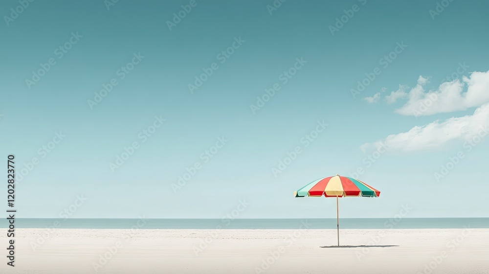 A vibrant striped beach umbrella on the sand, with a crisp blue sky above and minimal clouds. A vibrant striped beach umbrella on the sand, with a crisp blue sky above and minimal clouds.