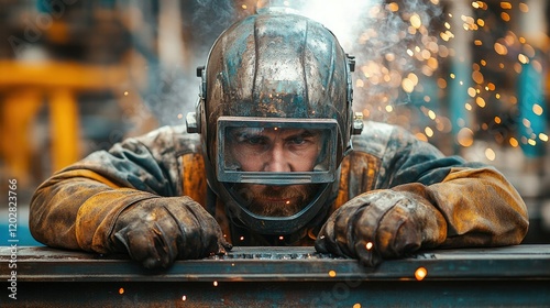A focused worker in protective gear, welding metal and surrounded by sparks.