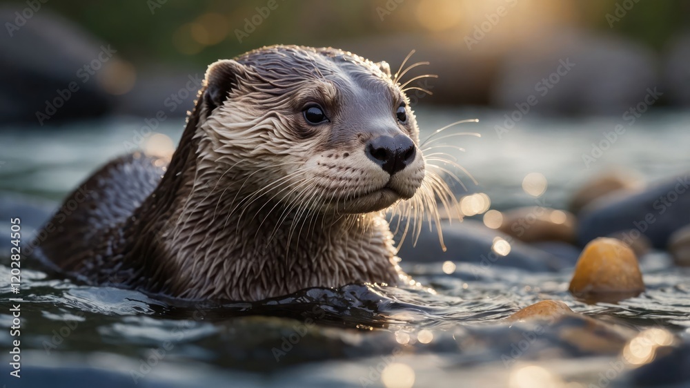 A close-up of an otter swimming in a serene river environment. A close-up of an otter swimming in a serene river environment.
